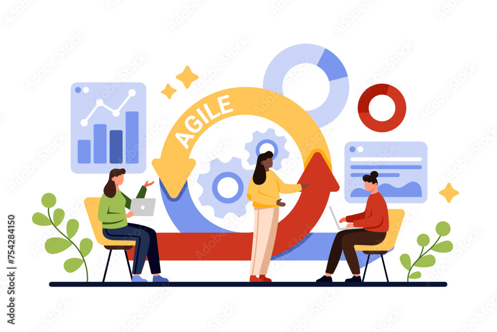 Agile methodology for digital business project development and organization. Tiny people manage workflow cycle with flexible arrow of agile method, control data reports cartoon vector illustration
