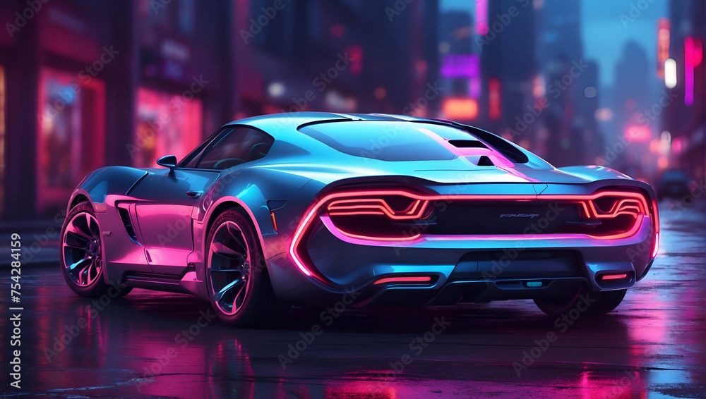 Futuristic Car, Neon Reflections, Blur City Background, Gen AI