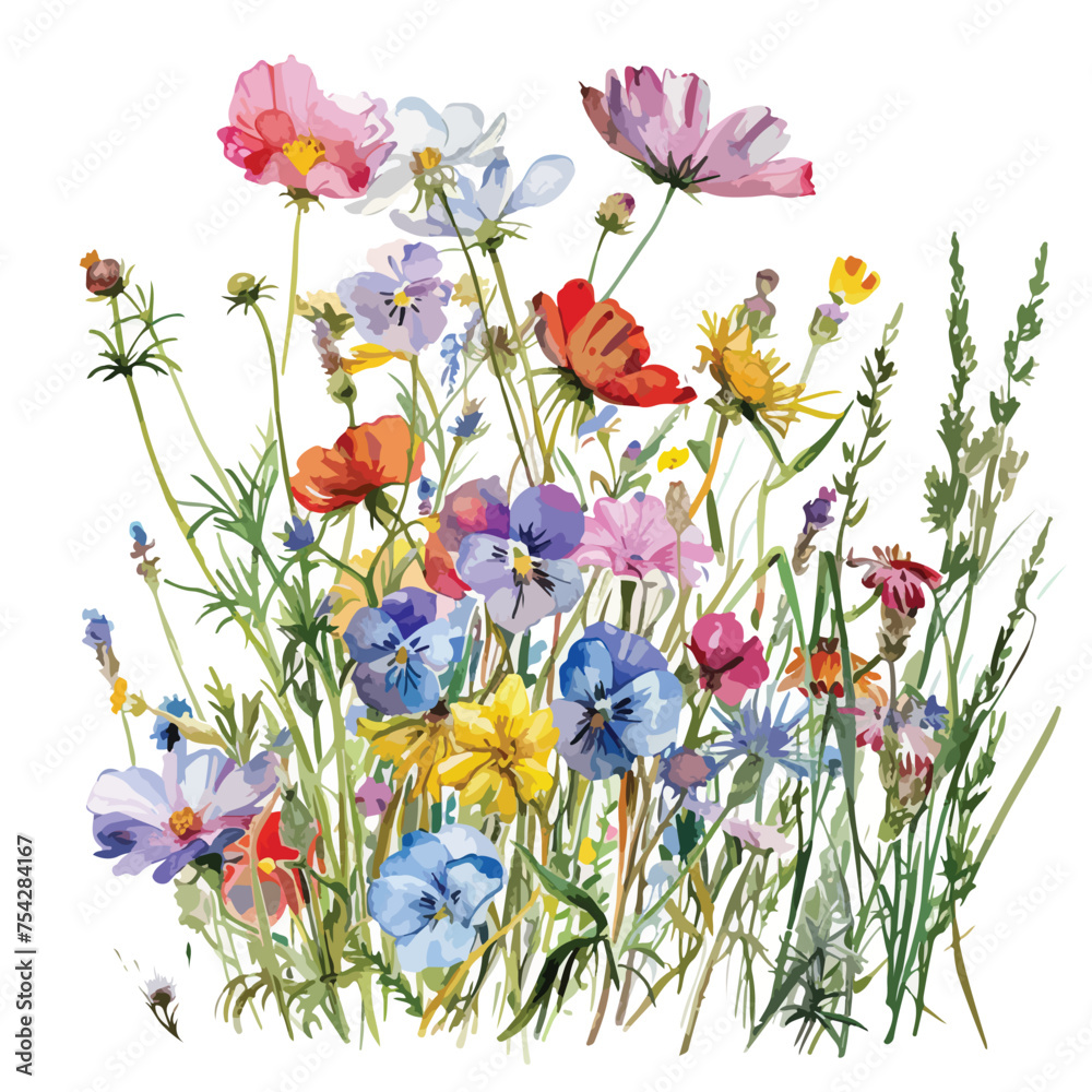 A cluster of wildflowers in a field. watercolor clipart