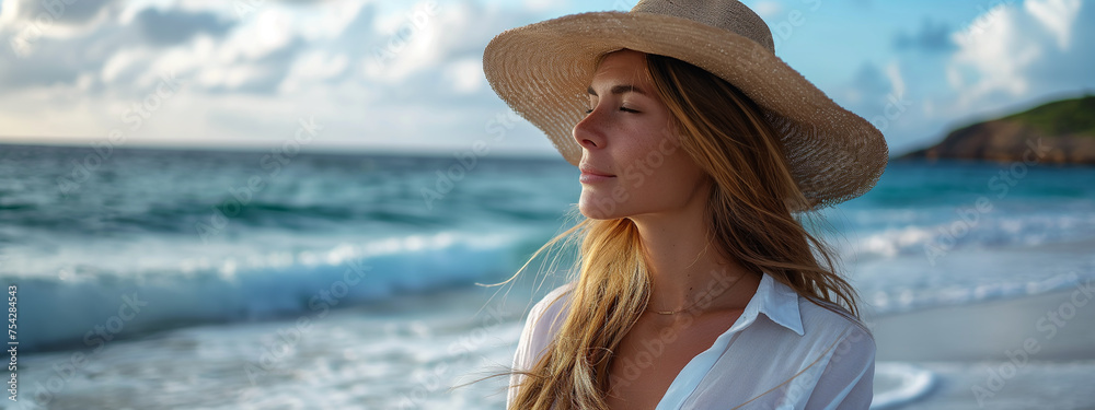 fashionable woman looking at the beach and sea stock