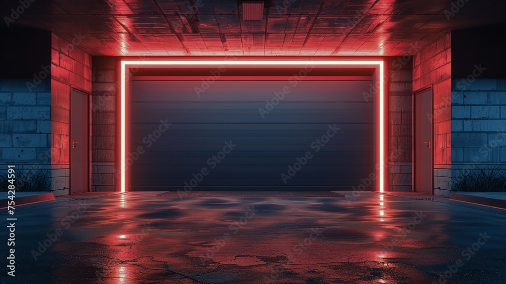 Sleek and cool garage entrance bathed in neon lights with a modern aesthetic - obrazy, fototapety, plakaty 