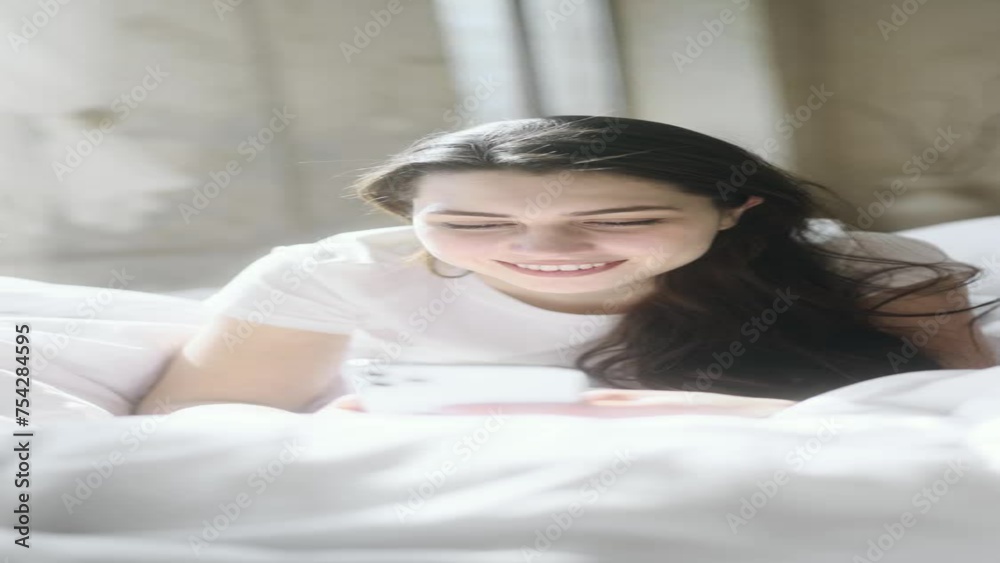 Vertical video of charming smiling young woman hold smartphone scrolling app watching social media feed laying on bed indoors Happy female texting laughing enjoying sunny morning at cozy home Vertical video of charming smiling young woman hold smartphone scrolling app watching social media feed laying on bed indoors Happy female texting laughing enjoying sunny morning at cozy home