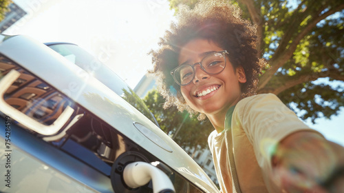 From below angle of a cute happy little black kid with glasse charging an electric vehicle, looking at camera and smiling. Future, Renewable energy. photo