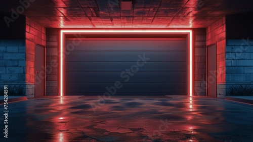Sleek and cool garage entrance bathed in neon lights with a modern aesthetic photo