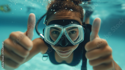 a woman with diving gear showing thumbs up in a sea underwater © Creative-Touch