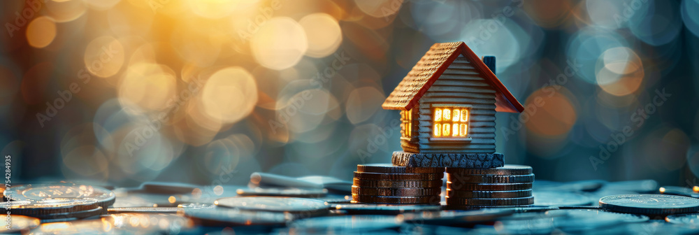 A miniature house on top of stacks of coins, representing the concept of Real estate investment planning property home. - obrazy, fototapety, plakaty 