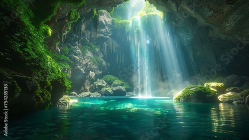 Mystical Cave with Sunlight Beams, Tranquil Natural Wonder