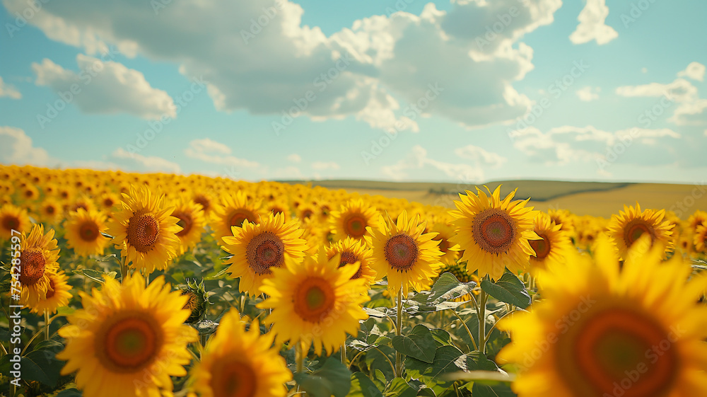 field sunflowers at noon in the style of expansive, agriculture, food and production