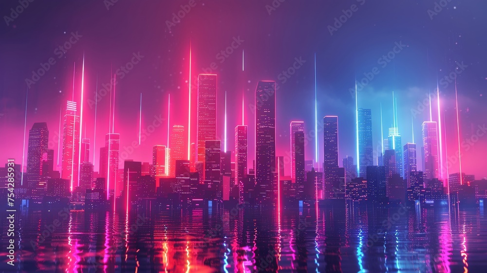 Neon lights reflecting on water in a futuristic city skyline at night
