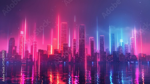 Neon lights reflecting on water in a futuristic city skyline at night