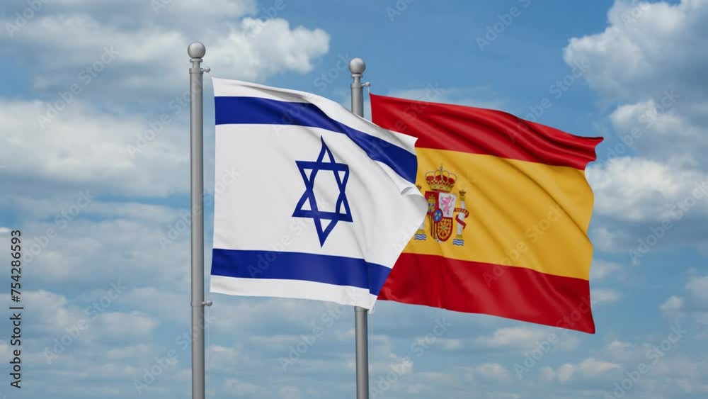 Spain and Israel two flags waving together, looped video, two country cooperation concept Spain and Israel two flags waving together, looped video, two country cooperation concept