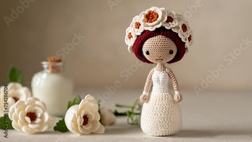 bride girl with intricately crocheted hair with a maxi white crochet bride dress and a color bride crocheted flowers