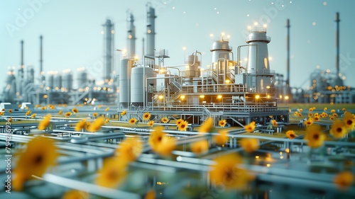 Vista artística de uma usina de biocombustível rodeada por um campo de girassóis photo