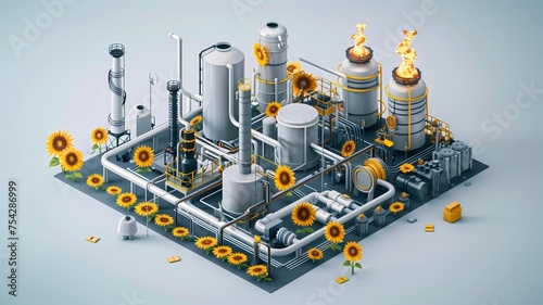 Ilustração isométrica de uma usina de biocombustível cercada por girassóis, representando a energia sustentável na indústria moderna. photo