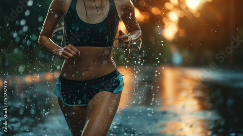 Midsection shot of an athletic woman running in the rain, showcasing determination, commitment and willpower