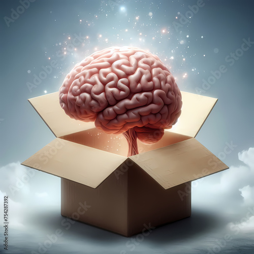  a brain outside a box, symbolizing the concept of thinking outside the box, generative ai