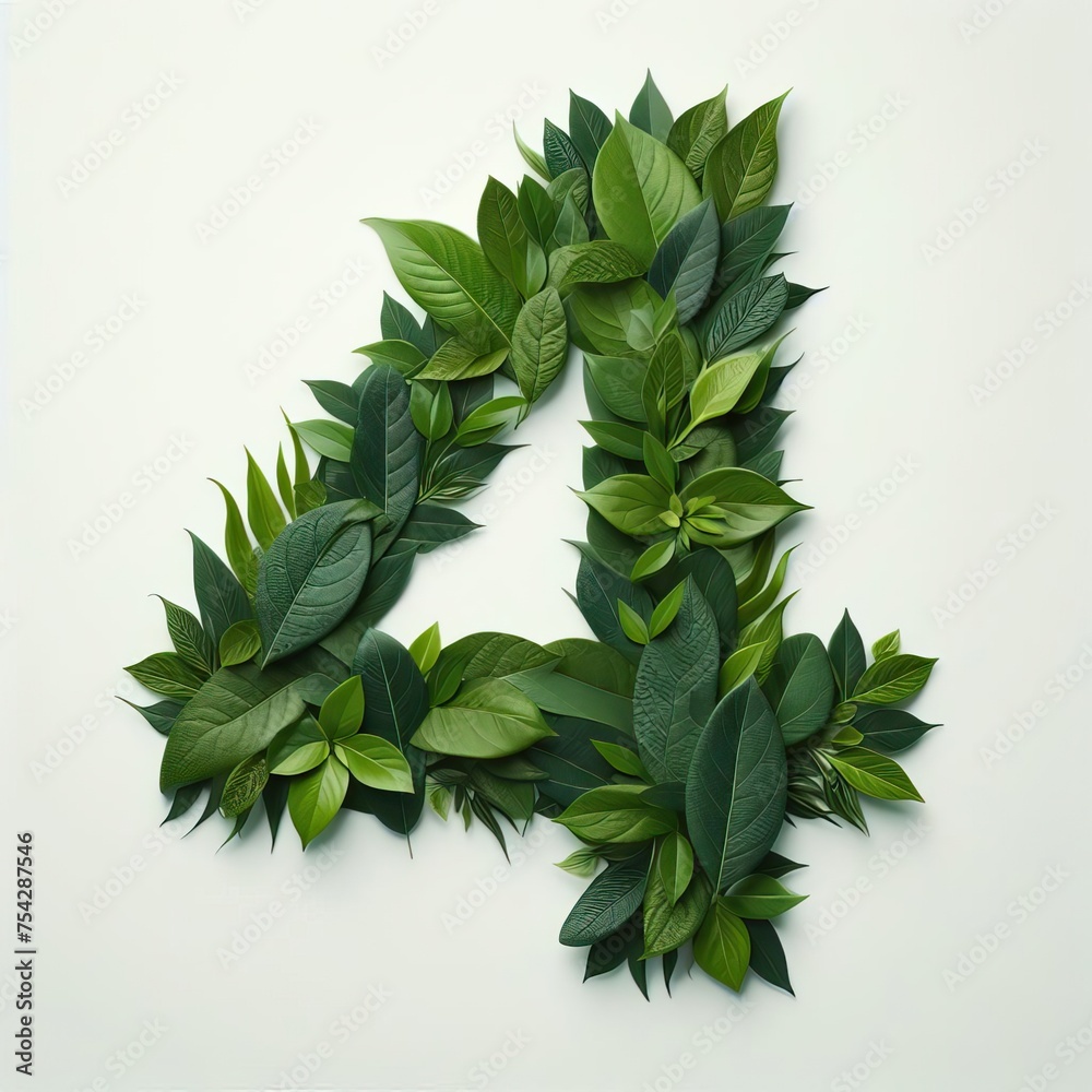 Number 4 Green Leaves Botanical Harmony Floral Layout With Number 