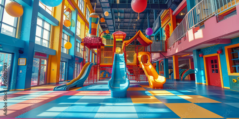A colorful indoor playground for children with slides, play equipment and toys in school building  - obrazy, fototapety, plakaty 