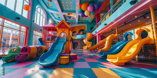 Fototapeta A colorful indoor playground for children with slides, play equipment and toys in school building 