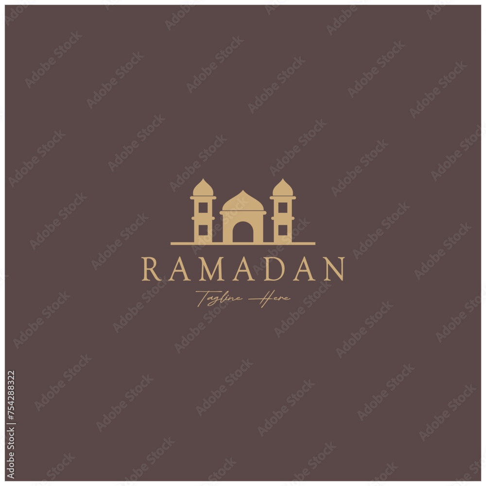 Naklejka premium Ramadan Mubarak logo with lantern elements, crescent moon and star mosque building, Islamic calligraphy pattern, for business, architecture, Muslims, Eid, Eid cards, Islamic education