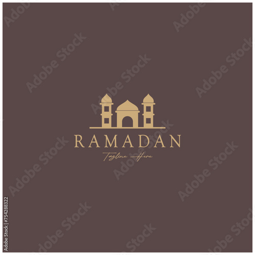 Ramadan Mubarak logo with lantern elements, crescent moon and star mosque building, Islamic calligraphy pattern, for business, architecture, Muslims, Eid, Eid cards, Islamic education