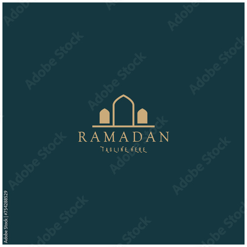 Ramadan Mubarak logo with lantern elements, crescent moon and star mosque building, Islamic calligraphy pattern, for business, architecture, Muslims, Eid, Eid cards, Islamic education