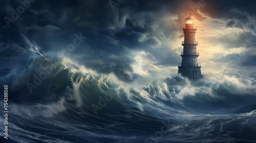Luminous Lighthouse Guiding Beacon Amidst Stormy Seas
