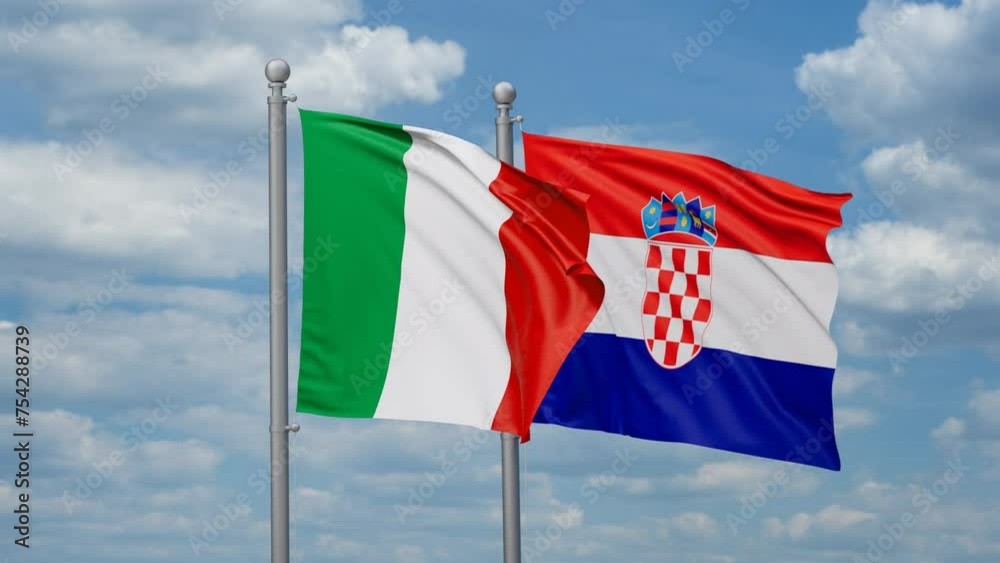 Croatia and Italy two flags waving together, looped video, two country cooperation concept Croatia and Italy two flags waving together, looped video, two country cooperation concept
