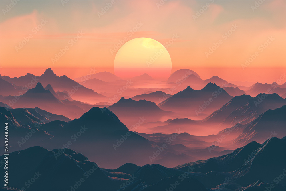 Sunrise over mountains, rendered in the style of minimalist with soft colors and digital art aesthetic.The sun is a glowing orange, casting long shadows on the peaks below. Warm light and cool tones.