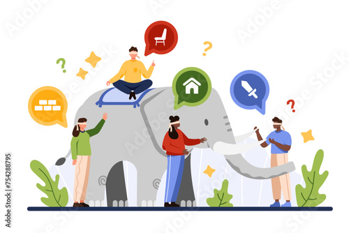 Difference of perception and points of view, metaphor, parable story. Tiny blindfolded people touching elephant in dark room with diverse experience and wrong judgment cartoon vector illustration