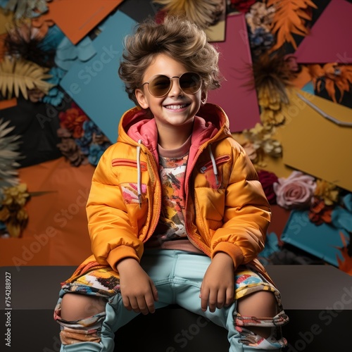 Happy boy in orange bomber and sunglasses sitting on bench, enjoying event