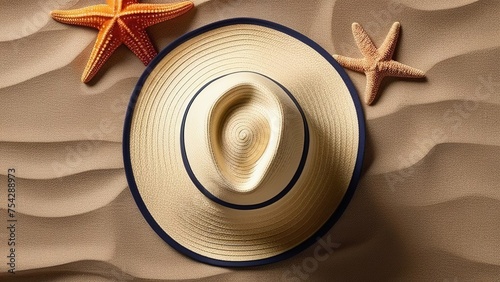 A straw hat and shells on the sand. Background for summer holidays at the sea , Top view