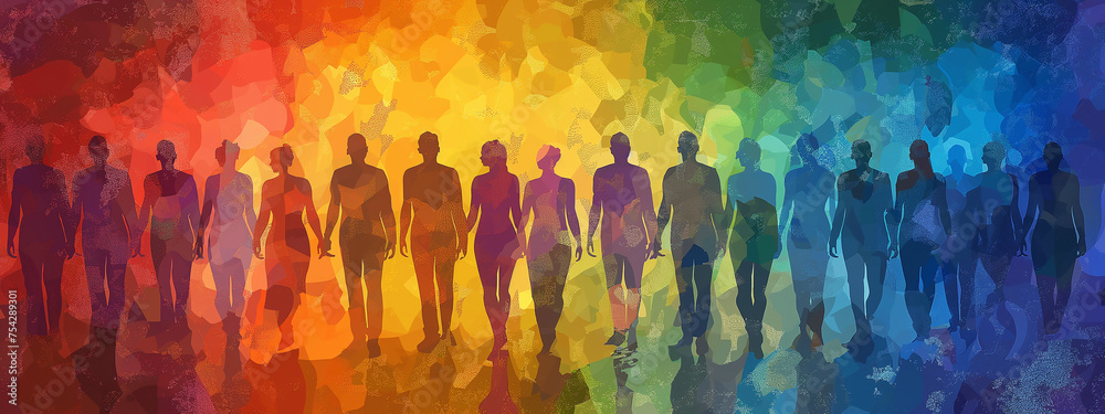 LGBT individuals are happily together on rainbow-colored walls