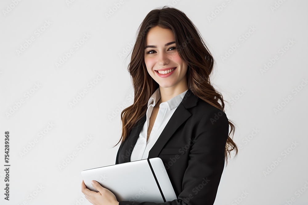 Confident young businesswoman with brown hair smiling, holding digital tablet, standing in office - white background Confident young businesswoman with brown hair smiling, holding digital tablet, standing in office - white background