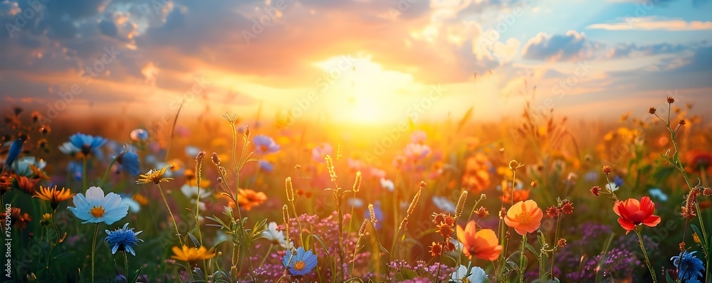 Vibrant sunset paints the sky over a field of spring flowers. Concept Nature, Sunset, Spring, Flowers, Colors