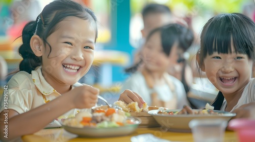 Two Asian elementary school students joyfully sharing a meal together  their faces beaming with happiness and laughter