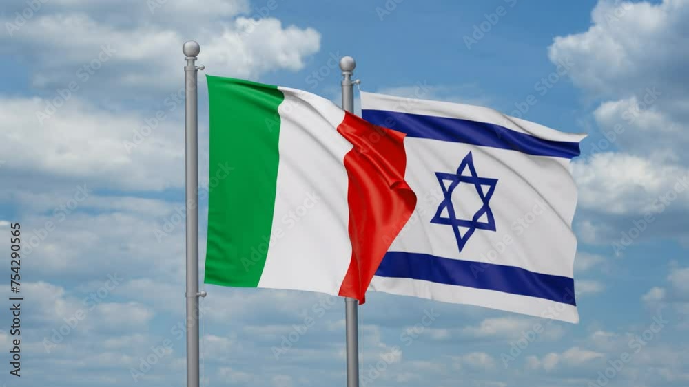 Israel and Italy two flags waving together, looped video, two country relations concept Israel and Italy two flags waving together, looped video, two country relations concept