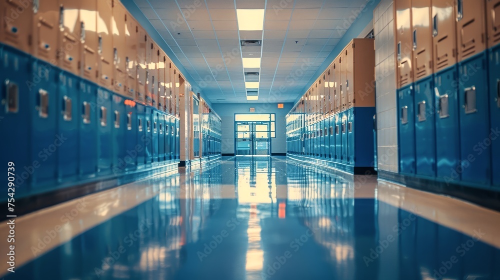 Fototapeta premium Quiet and reflective school hallway lined with blue lockers and bright windows