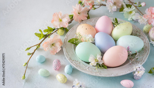 Cadre de Pâques avec œufs de Pâques colorés avec différents ornements et décorations de fleurs printanières
