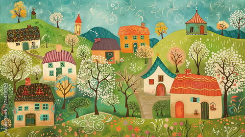 Spring landscape illustration of village with colorful houses  hills and trees in folk art style banner.