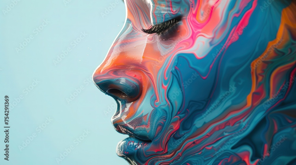 Kobieta ma na twarzy malowidło wykonane wielobarwnym farbą, tworząc unikalny wzór i artystyczną kompozycję. - obrazy, fototapety, plakaty 