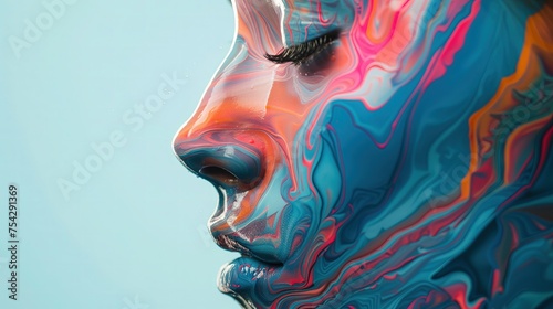 Kobieta ma na twarzy malowidło wykonane wielobarwnym farbą, tworząc unikalny wzór i artystyczną kompozycję.