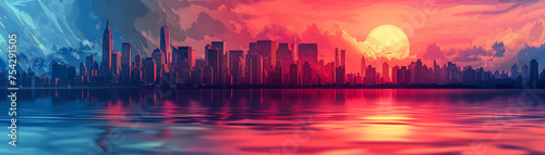 wallpaper artwork of a beautiful sunset cityscape, big metropolis city skyline, birds view, panorama, big sun, painting