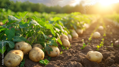 Potatoes on the field in the rays of the setting sun. generative ai