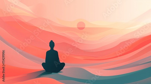 Osoba w pozycji medytacyjnej na abstrakcyjnym obrazie zrobiony ze spokojnych fal z małą paletą kolorów photo