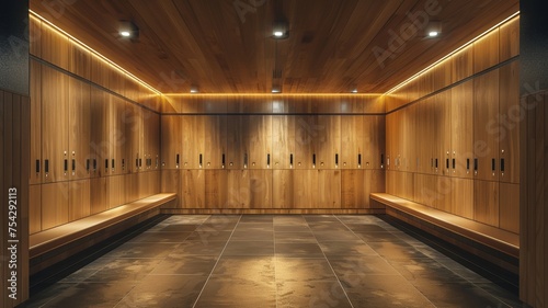 Modern Wooden Lockers in a Gym Changing Room with Benches and Towels photo
