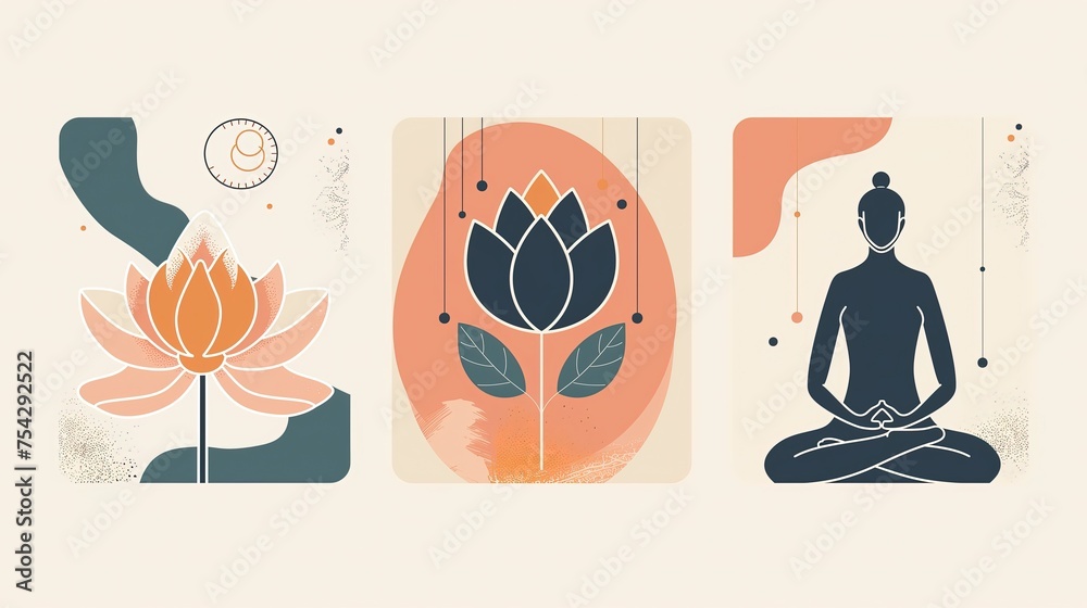 Trzy karty, jedna to osoba siedząca w pozycji lotosu i kwiat lotosu, tworzące uważność i medytację, skupienie na chwili obecnej i związku z naturą.  - obrazy, fototapety, plakaty 