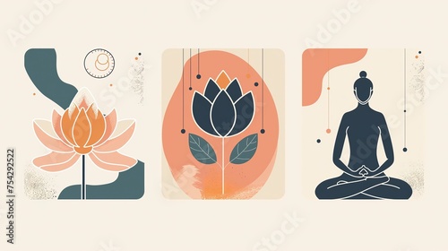 Trzy karty, jedna to osoba siedząca w pozycji lotosu i kwiat lotosu, tworzące uważność i medytację, skupienie na chwili obecnej i związku z naturą. 