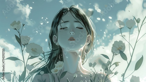 Kobieta stoi wśród kwiatów z zamkniętymi oczami, wyrażając spokój i zamyślenie. 