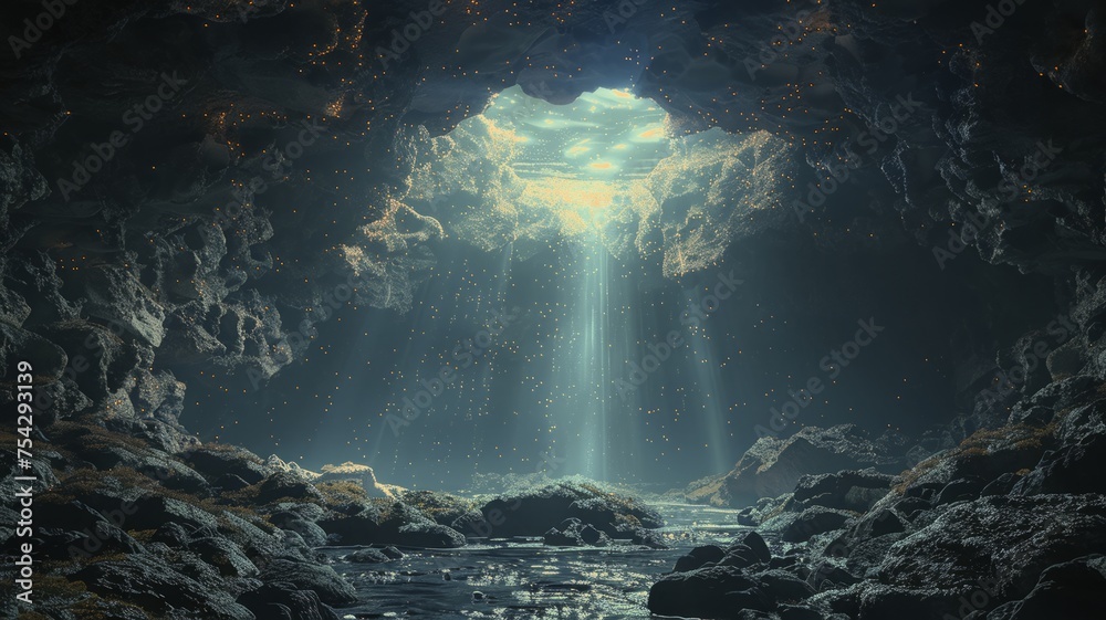 Mystical underground cave with luminous water and ethereal glow